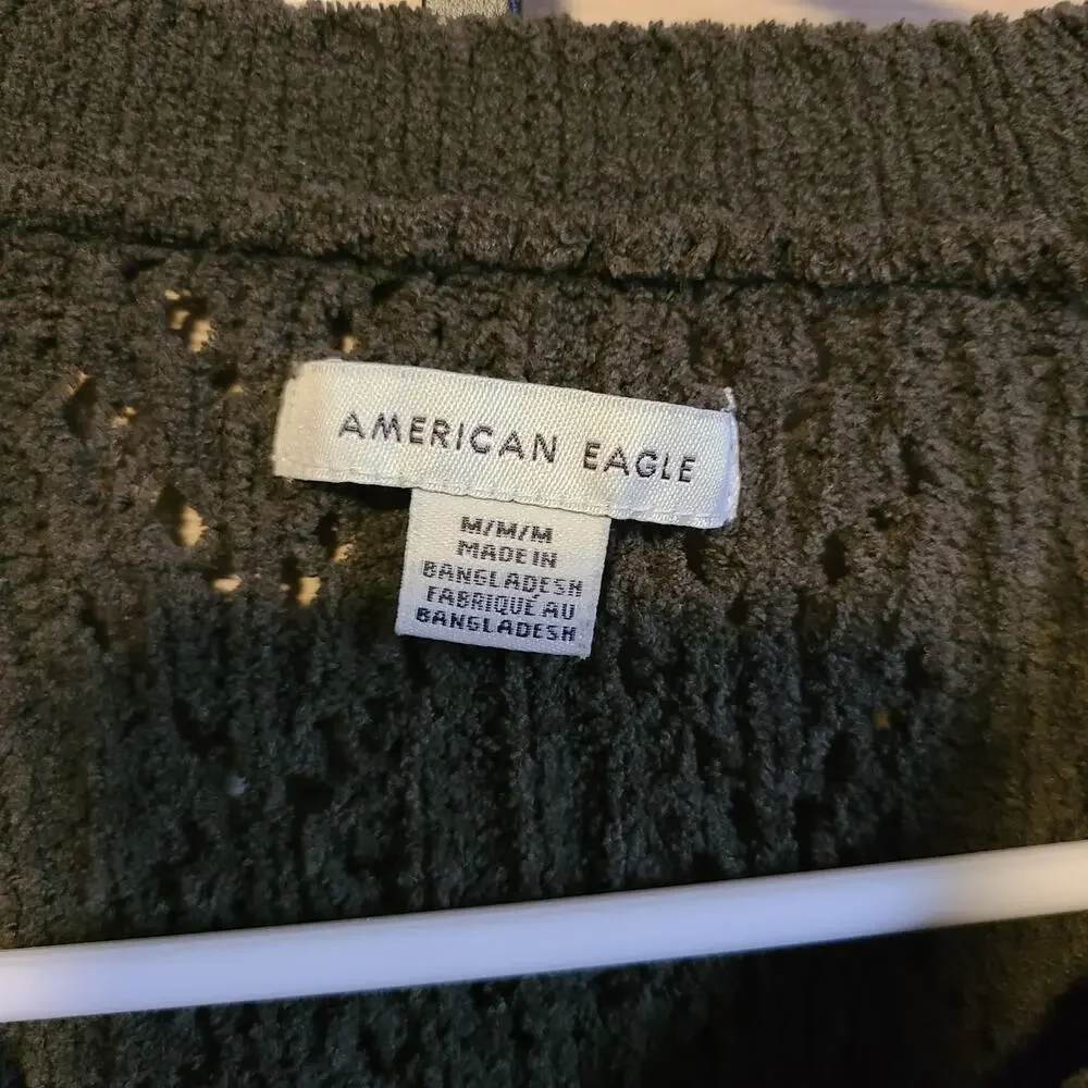 American‎ Eagle Crop Chenille Sweater Womens M Open Knit Boxy Green Utility Cozy